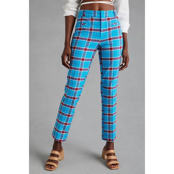 Anthropologie Maeve Slim Kick-Flare Plaid Pants Size 4 Blue Preppy Academia - Picture 1 of 10